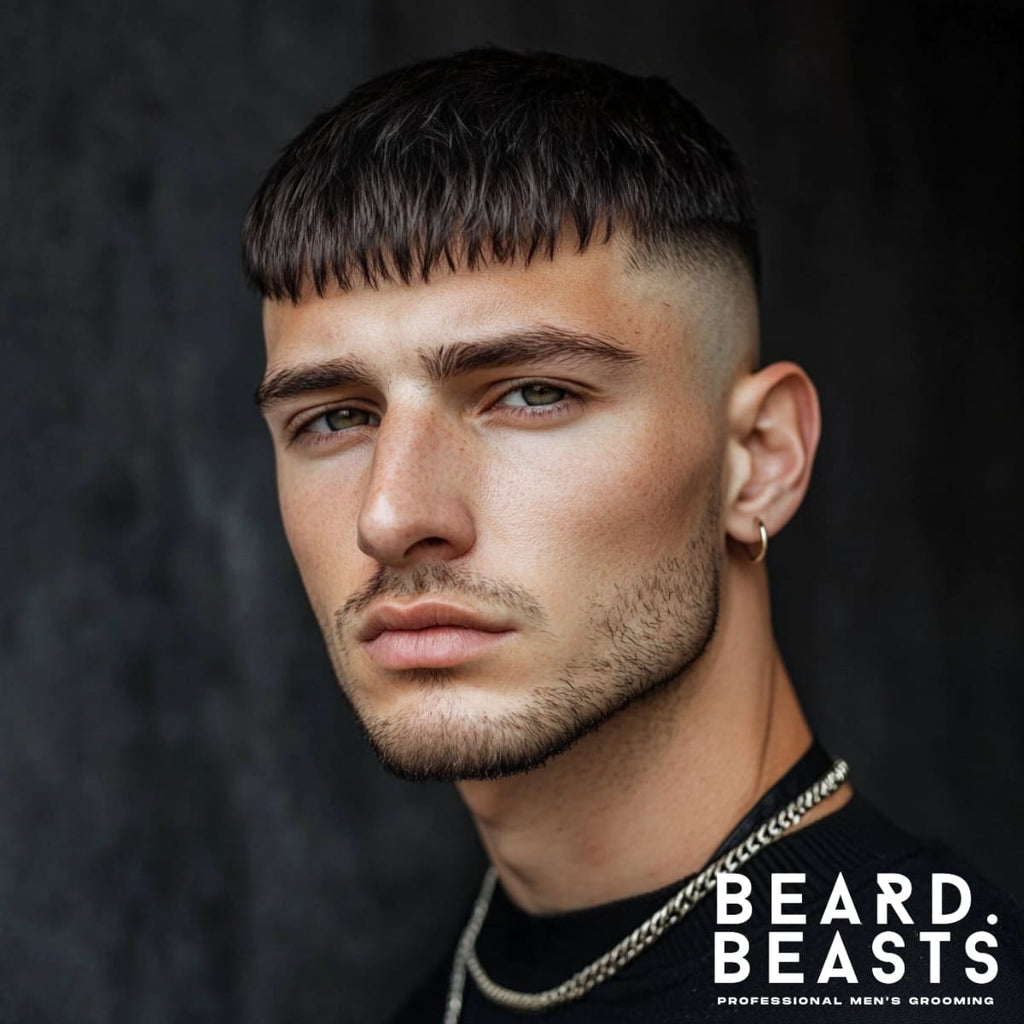 Portrait of a man featuring a Classic French Crop Skin Fade, showcasing a clean, sharp medium skin fade on the sides and a short, slightly textured fringe on top. The haircut highlights a timeless, modern look, complemented by subtle facial stubble, a hoop earring, and a chain necklace. The man’s confident expression and neutral, dark background draw attention to the precise details of the haircut. A stylish representation of the French Crop Skin Fade for a bold yet polished appearance.
