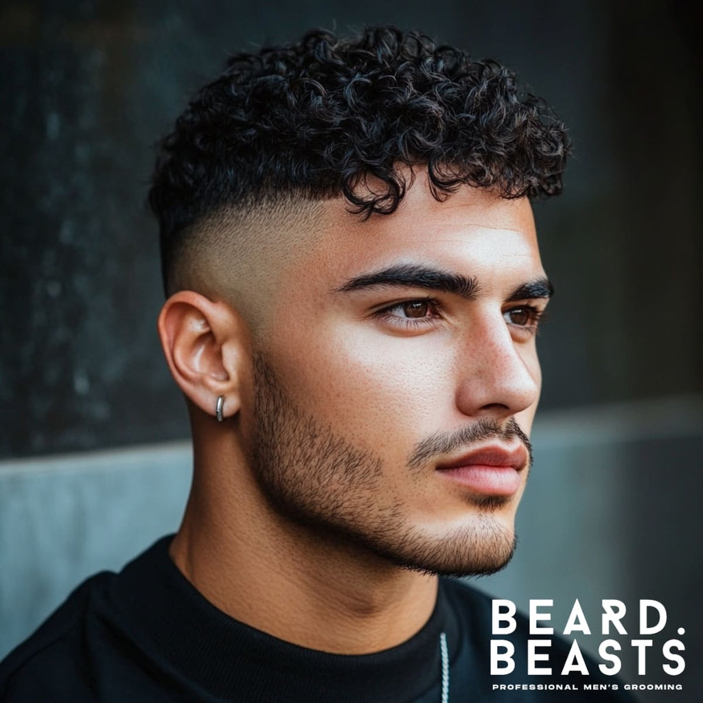 "Portrait of a man showcasing a Curly French Crop Skin Fade, featuring naturally defined curls on top paired with a sharp skin fade on the sides. The haircut emphasizes the contrast between the textured curls and the cleanly tapered fade, creating a bold and modern look. The man exudes confidence with well-groomed facial stubble, a hoop earring, and a sleek black shirt, set against a neutral, softly-lit background. A stylish example of how the French Crop Skin Fade complements curly hair.
