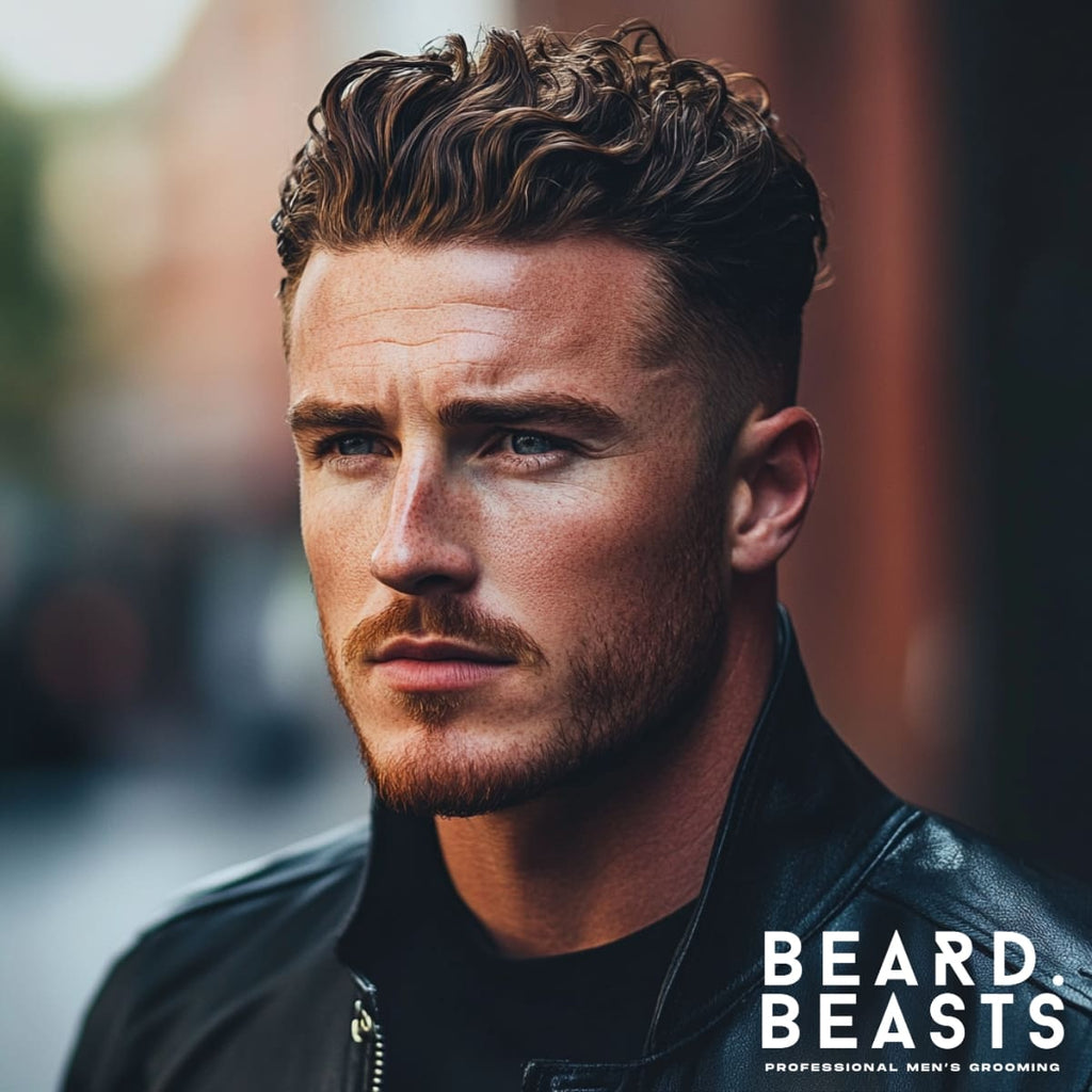 A portrait of a ruggedly handsome man featuring a stylish curly skin fade slick back hairstyle. The sides are sharply faded down to the skin, creating a clean and polished look that contrasts with the textured curls slicked back on top, exuding both modernity and sophistication. The man has a neatly trimmed beard that complements his well-defined jawline and sharp facial features. He is dressed in a sleek black leather jacket, enhancing his bold and confident demeanor. The background is softly blurred, emphasizing the subject while adding depth, with the "Beard Beasts" logo and tagline "Professional Men's Grooming" prominently displayed in the lower right corner, reinforcing a premium grooming aesthetic.