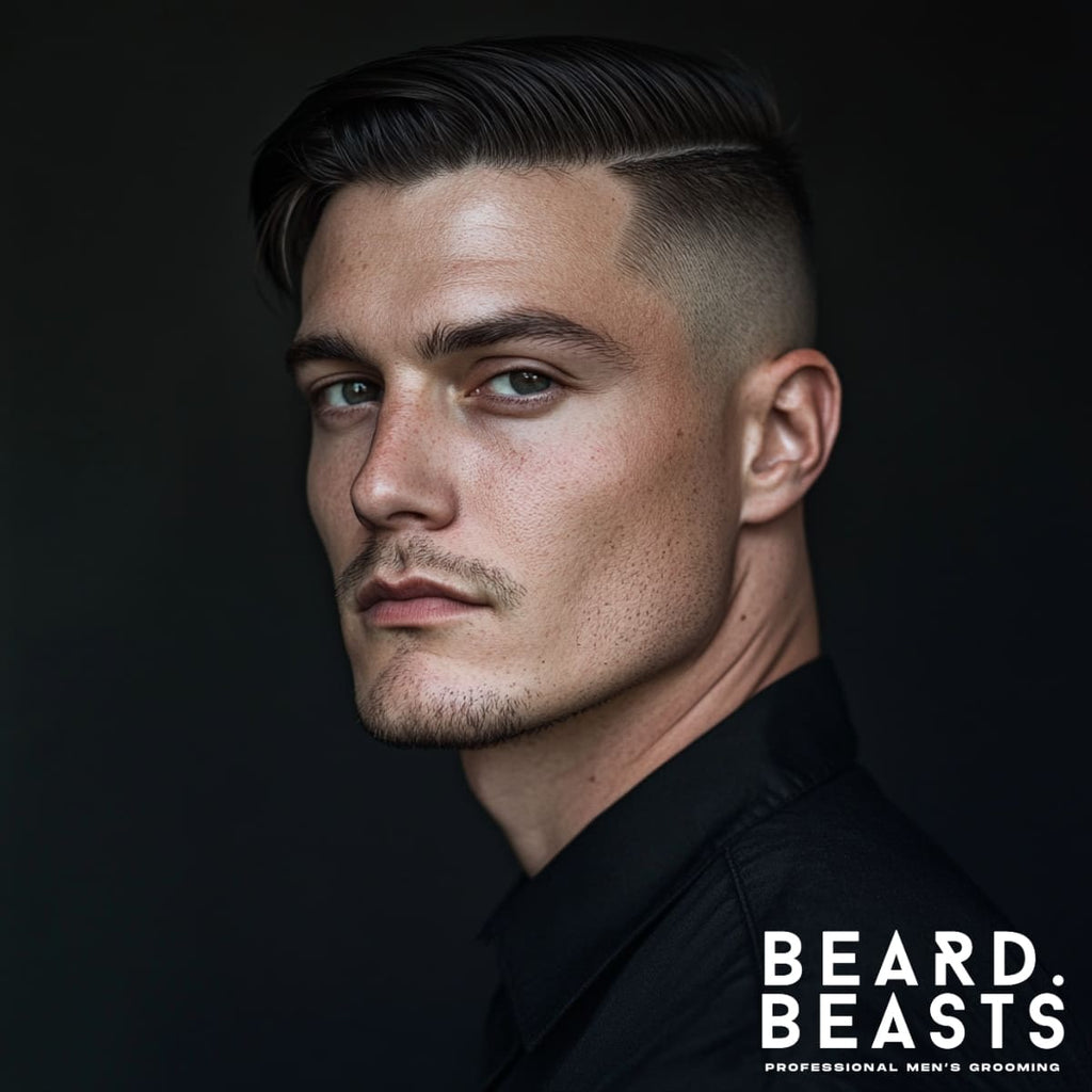 Portrait of a 30-year-old man with a stylish haircut featuring a sharp contrast between the longer top and closely shaved sides. The hair is neatly combed to one side with a defined part, emphasizing the disconnected style. The man's confident expression and strong jawline enhance the bold and modern aesthetic. The dark background and Beard Beasts branding add a premium, professional touch to the overall image.