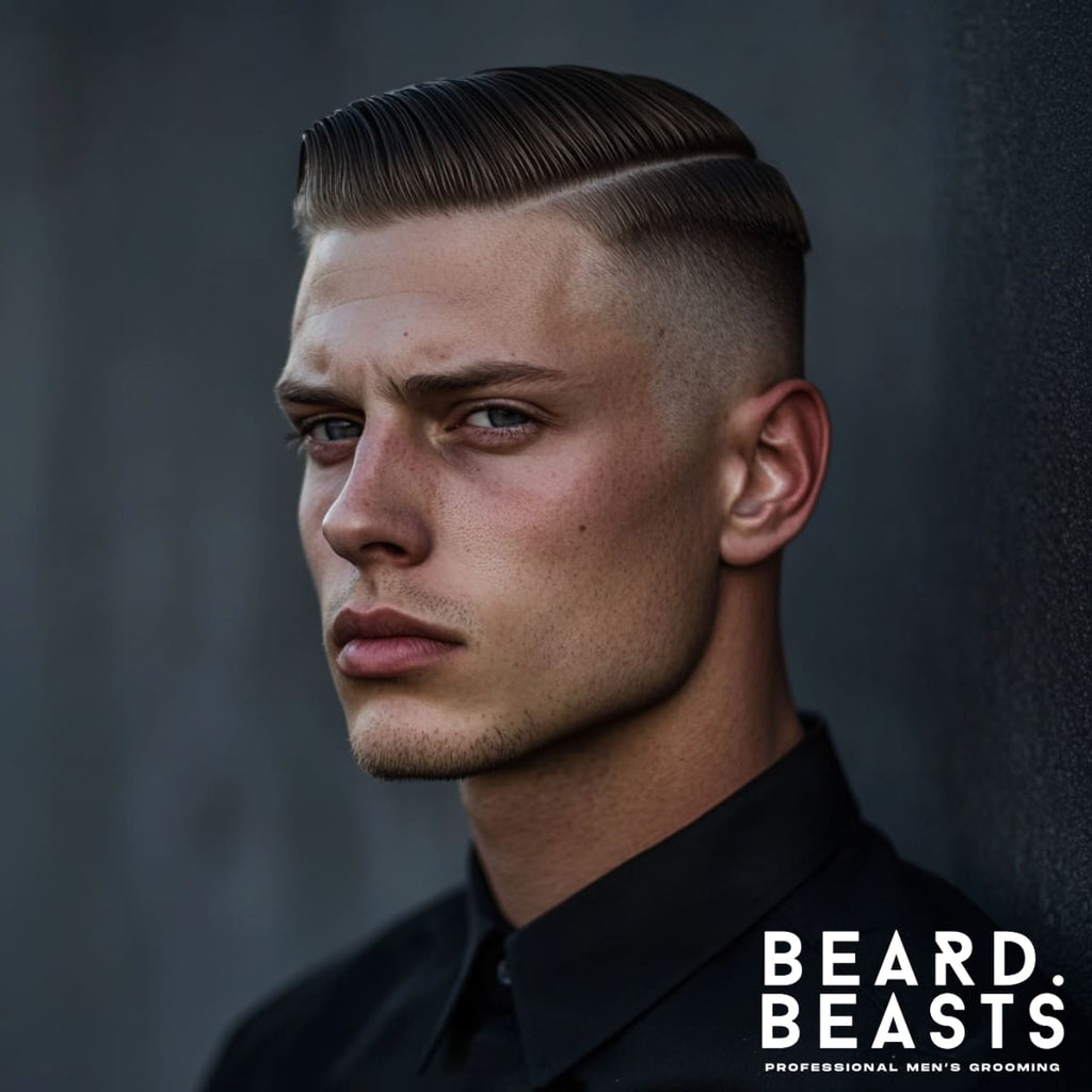 Portrait of a 30-year-old man showcasing a hard part comb-over skin fade haircut, featuring a precise razor-sharp parting line and neatly combed hair swept to one side. The high skin fade transitions cleanly, emphasizing the bold and structured style. The man's sharp jawline and intense expression enhance the edgy, confident vibe. The Beard Beasts branding in the corner highlights premium grooming and modern style.