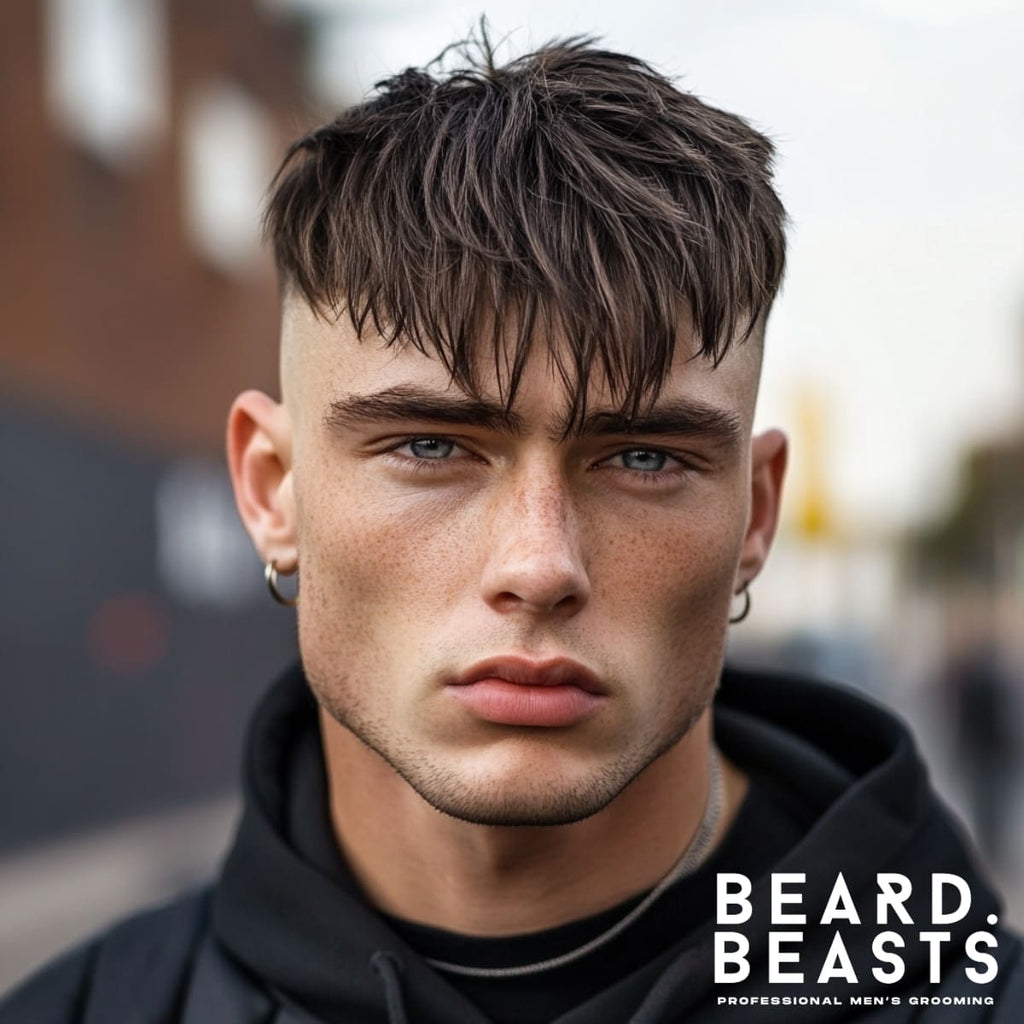 Portrait of a man featuring a trendy haircut with a long, textured fringe cascading over his forehead and cleanly tapered sides. The hairstyle creates a bold yet natural look, complemented by a sharp jawline and subtle facial stubble. The man is wearing a black hoodie and hoop earrings, standing in an outdoor urban setting with a softly blurred background. The overall vibe is youthful, edgy, and effortlessly stylish.