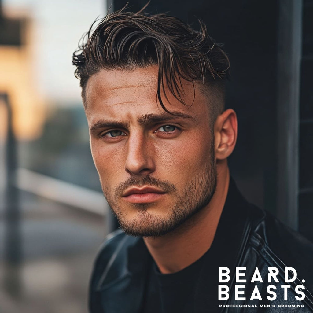 Portrait of a 30-year-old man with a messy comb-over skin fade haircut, featuring tousled hair swept casually to one side for a relaxed, effortless look. The low skin fade provides a clean contrast to the textured, undone top. His sharp jawline and stubble enhance the rugged yet approachable vibe. The natural lighting and Beard Beasts branding add a modern, stylish touch to the image.