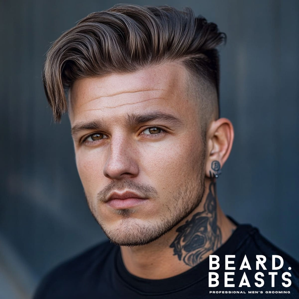 Portrait of a 30-year-old man with voluminous, styled hair swept into a quiff, complemented by a clean fade on the sides. The textured top adds height and drama, while his subtle facial stubble and bold neck tattoo enhance his edgy, modern look. His piercing gaze and confident expression create a striking presence. The muted background and Beard Beasts branding emphasize a premium, stylish aesthetic.