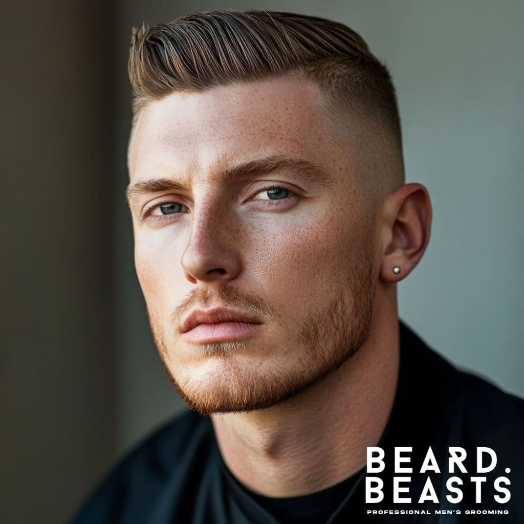 Close-up portrait of a stylish 30-year-old man with a sleek skin fade crew cut, featuring a longer top styled into a side-swept quiff. The sides showcase a sharp and gradual skin fade, seamlessly blending into the longer hair on top. The man has a well-groomed beard, a clean-shaven neckline, and an effortlessly polished appearance. Perfect example of a modern skin fade longer crew cut for a professional and trendy look.