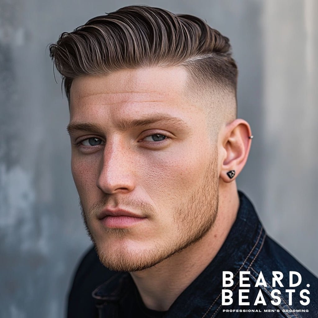 Portrait of a 30-year-old man showcasing a textured comb-over skin fade haircut, with voluminous, naturally styled hair swept to one side. The medium skin fade blends seamlessly into the textured top, creating a dynamic and modern appearance. His well-groomed facial hair and subtle earring add to the edgy, stylish vibe. The neutral background and Beard Beasts branding highlight the premium grooming aesthetic.
