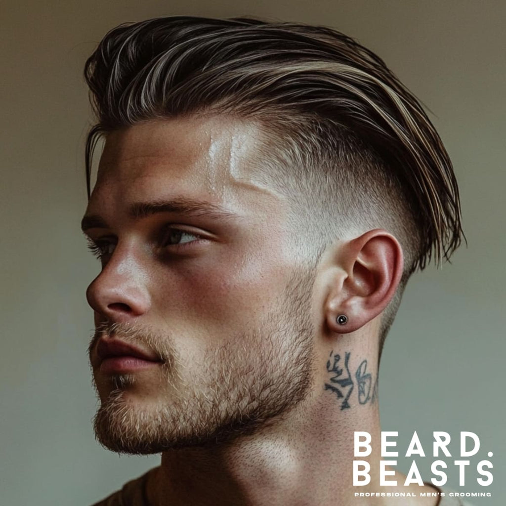 A side-profile portrait of a young man with a stylish, modern haircut featuring short, tapered sides that transition smoothly into longer hair on top. His hair on top is neatly styled with a textured finish, creating a natural yet polished look. The man has a well-groomed beard and a subtle tattoo visible on his neck, along with a minimalist earring that adds to his edgy and contemporary appearance. The lighting is soft, highlighting his sharp facial features and creating a clean, professional aesthetic. The "Beard Beasts" logo and tagline "Professional Men's Grooming" are prominently displayed in the lower right corner, emphasizing the premium grooming brand.