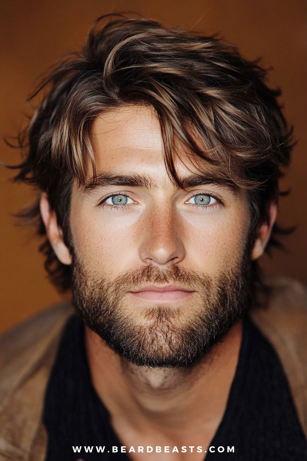 A man with a stylish shag haircut is featured in this image, showcasing his thin wavy hair styled with layers and texture. The natural waves fall effortlessly around his face, adding volume and movement, while the layers create depth, making the hair appear fuller. This hairstyle for men with thin wavy hair is perfect for achieving a relaxed, yet fashionable look. Paired with a well-groomed beard and a casual outfit, the shag cut gives off a laid-back vibe while maintaining a sense of modern style and confidence.