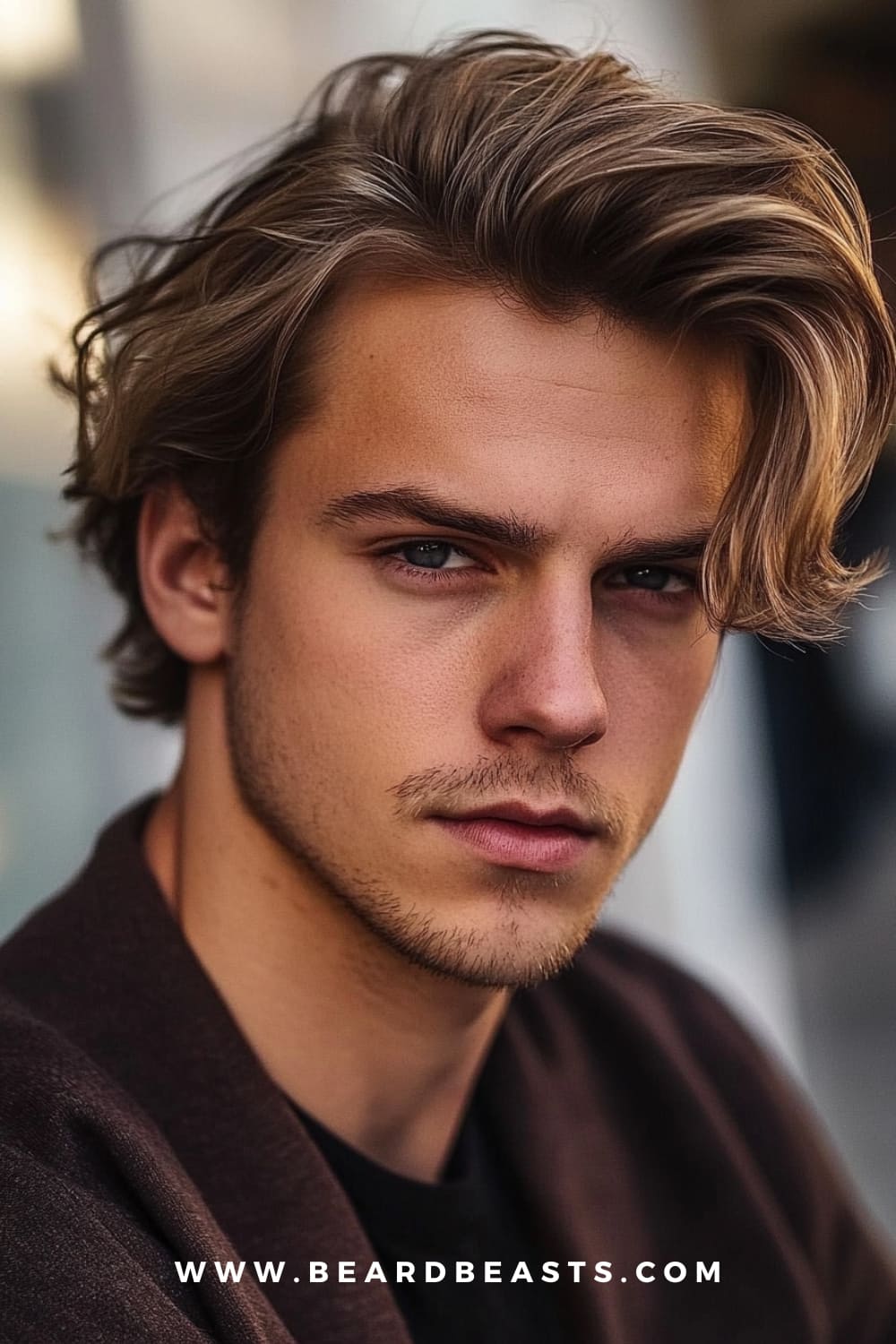 A young man with a sharp side part flow haircut, featuring medium-length, ash-blonde hair that is neatly parted to one side, creating a voluminous, swooping effect. The hairstyle is polished yet casual, with the hair flowing naturally and adding texture and depth to the look. His light stubble adds a subtle ruggedness, balancing the clean lines of the side part.