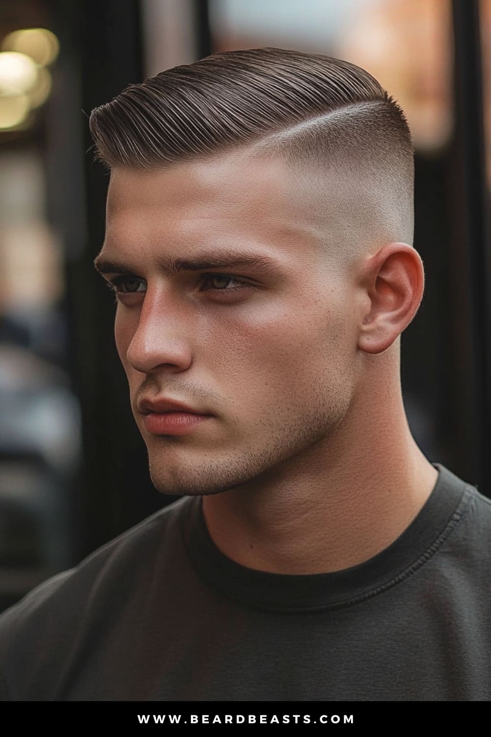 Side profile of a young man sporting a Side Part with High Fade, a classic example of men's short on sides, long on top haircuts. The neatly parted hair on top is styled with precision, while the high fade on the sides creates a clean, sharp contrast, making it a timeless and versatile choice for those who appreciate a polished look.