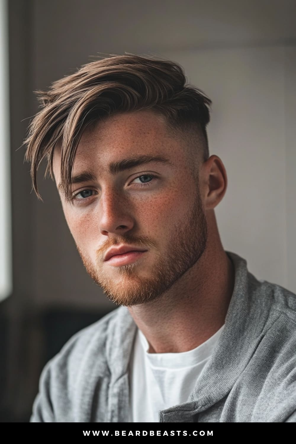 Close-up of a young man with a Side Swept Fringe with Fade, featuring a long fringe that gracefully falls to the side, contrasted by a clean fade on the sides. The hairstyle combines a casual yet sophisticated look, perfect for those who appreciate a modern, effortless style.