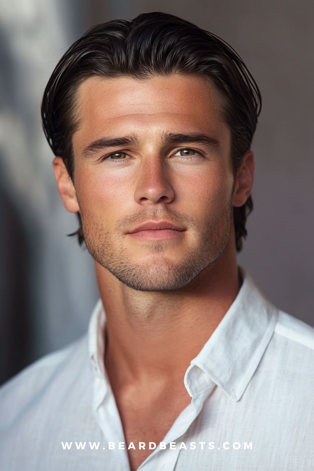 A man showcasing a sleek and polished slicked-back flow haircut, with medium-length dark brown hair that’s smoothly combed back for a clean and sophisticated look. His neatly groomed stubble enhances his sharp jawline, complementing the overall refined appearance. Dressed in a white button-up shirt, the look is both formal and modern, ideal for professional or upscale settings. This slicked-back flow style is a perfect example of a men’s flow haircut trend for 2024, combining effortless elegance with a modern edge.