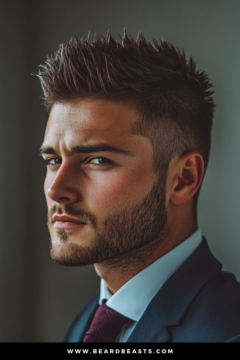 Side profile of a young man featuring a Spiky Top with Short Sides, a dynamic example of men's short on sides, long on top haircuts. The hairstyle showcases a textured, spiked top that adds height and edge, while the neatly trimmed sides provide a clean, sharp contrast, making it a bold and stylish choice.