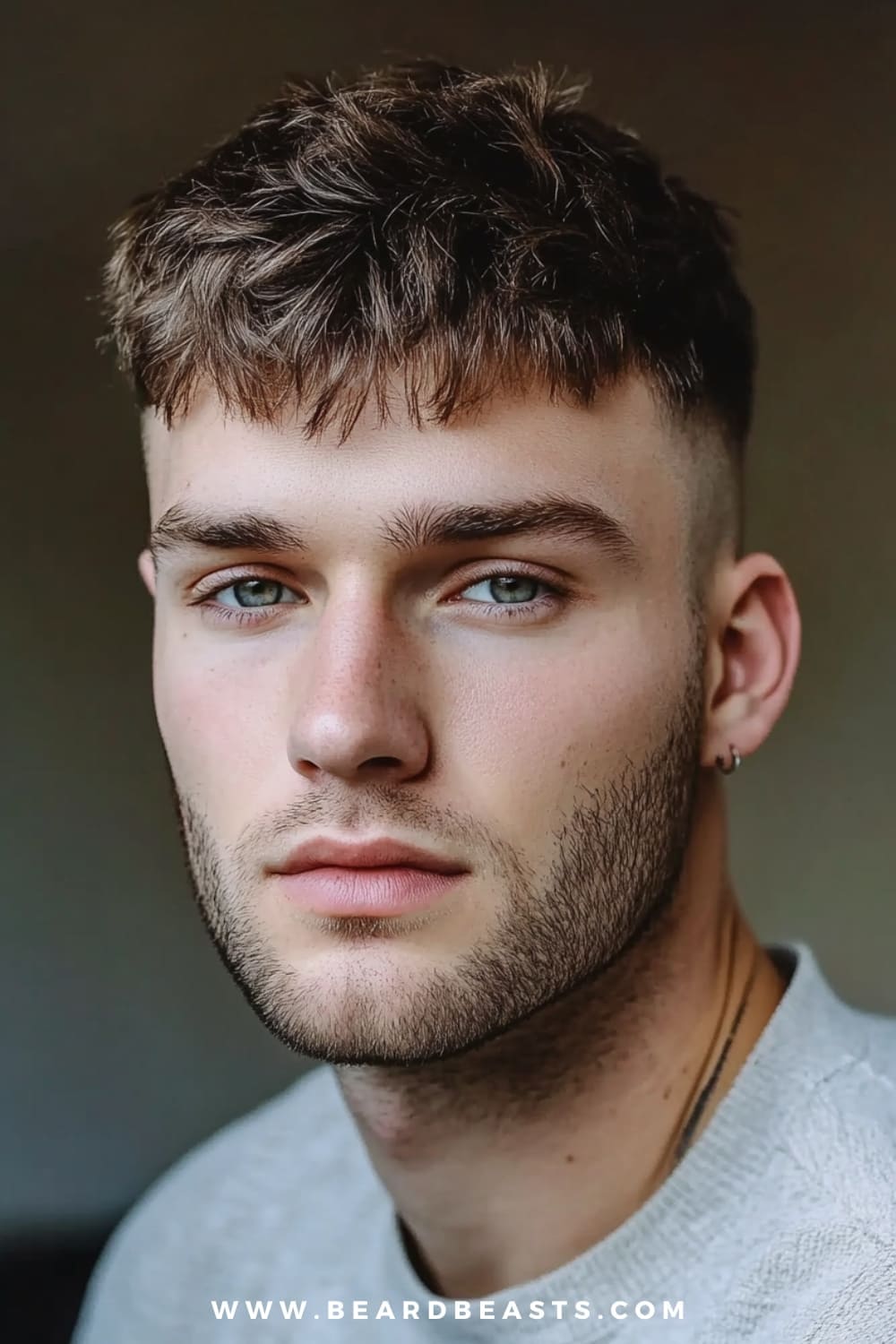 A man with a stylish textured crop haircut is featured in this close-up image. His hair is cut short with choppy, layered strands on top, adding depth and fullness to his thinning hair.