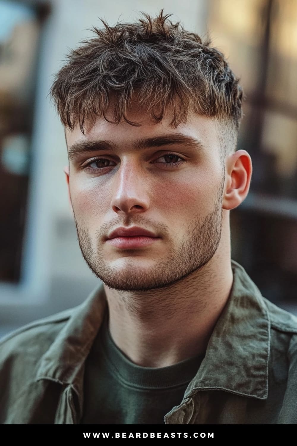 Close-up of a young man with a Textured Crop with Faded Sides, a popular choice among men's short on sides, long on top haircuts. The top features a messy, textured crop that adds volume and depth, while the faded sides provide a clean, sharp contrast, creating a stylish and modern look.