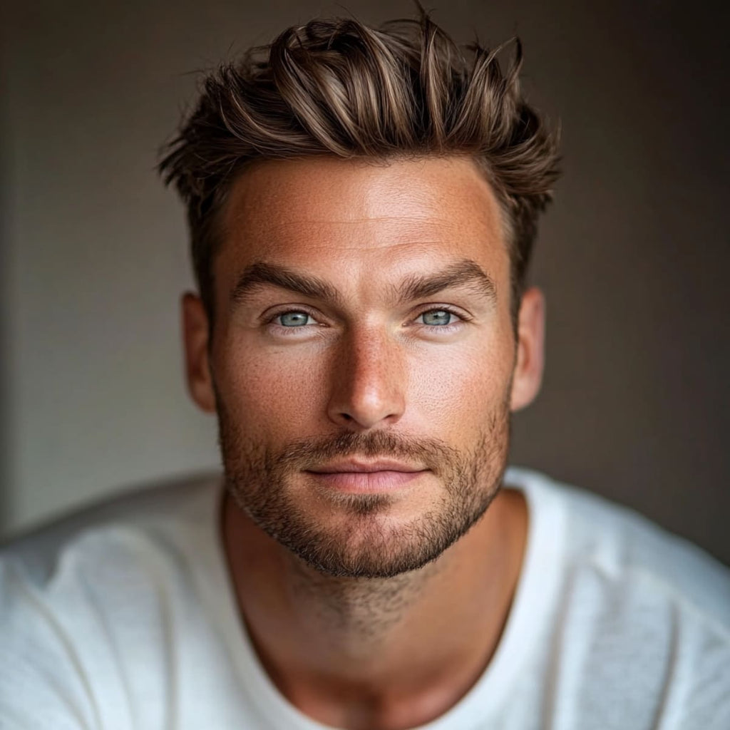 Man with a textured quiff hairstyle, a popular choice among medium hairstyles for men with big foreheads. The quiff adds height and volume on top, balancing the forehead while giving a stylish and modern appearance. The textured layers create depth, enhancing the overall look with a casual yet polished vibe. Ideal for those seeking a medium-length style that combines personality with structure.