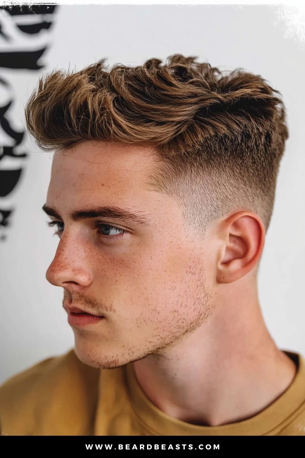 Profile shot of a young man sporting a trendy Textured Quiff, a popular choice among men's short on sides, long on top haircuts. The hairstyle features a voluminous, tousled top with neatly faded sides, offering a stylish contrast that’s both modern and effortlessly cool.