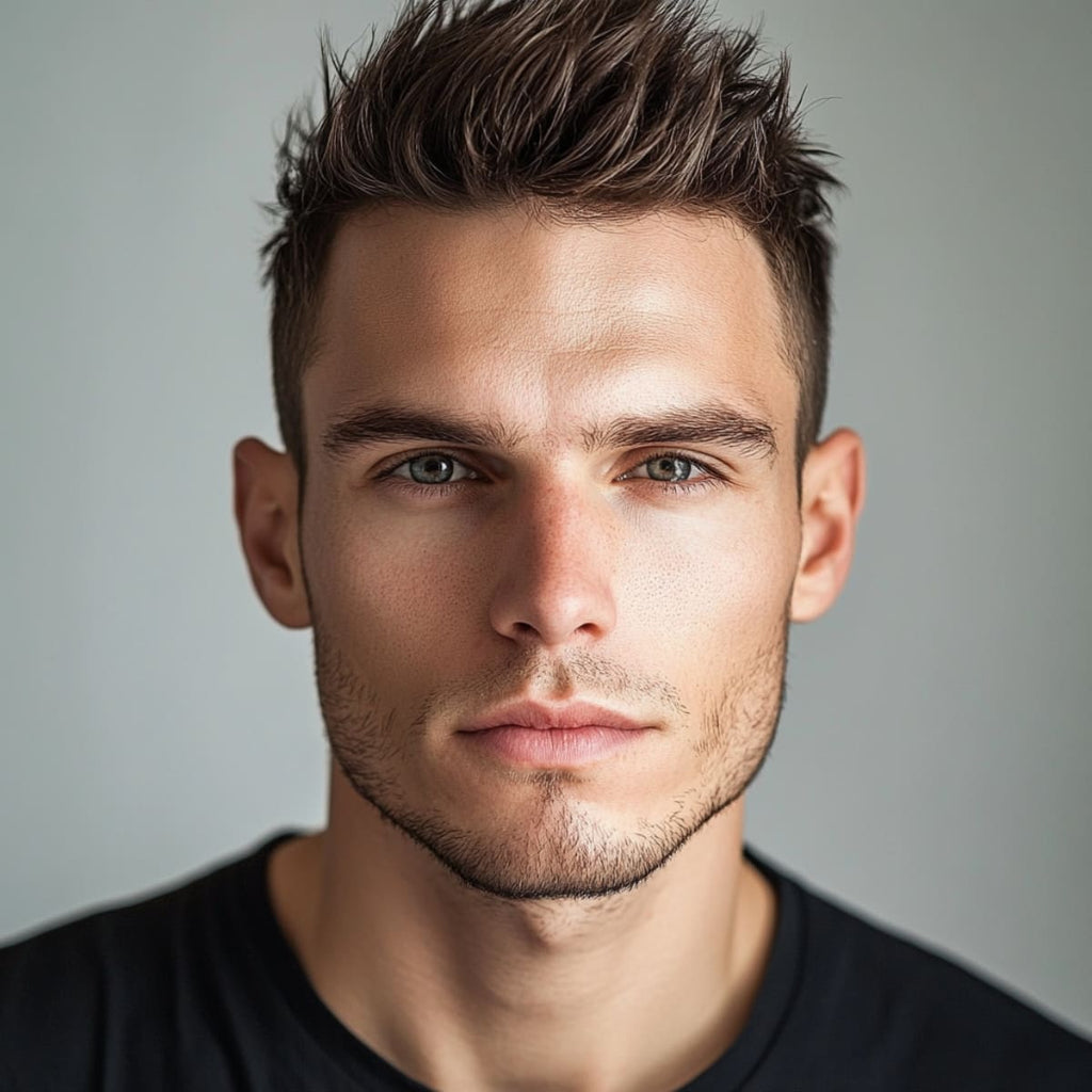 Man with a textured spiky hairstyle, featuring short, voluminous spikes that add height and dimension. The style creates a bold, modern look that draws attention upward, enhancing facial structure. With a slightly tousled appearance, this hairstyle combines edginess with a casual vibe, offering a fresh and youthful look.