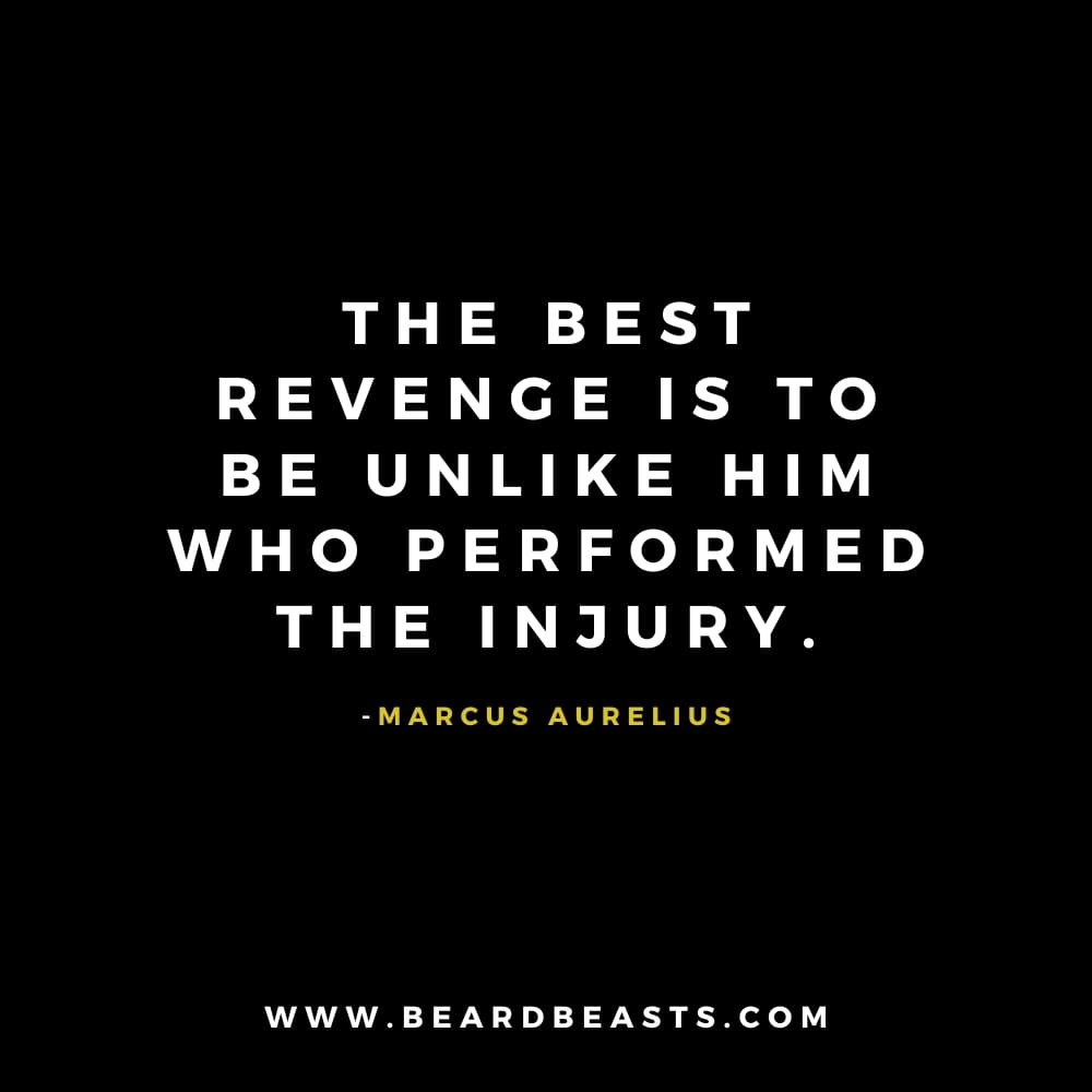 The image features a powerful quote from Marcus Aurelius on a black background. The text, in bold white font, reads: "The best revenge is to be unlike him who performed the injury." Below the quote, Marcus Aurelius' name is written in small yellow font. At the bottom, the website "www.beardbeasts.com" is displayed in white text. This design emphasizes a wise man to man quote focused on rising above negativity and maintaining integrity.