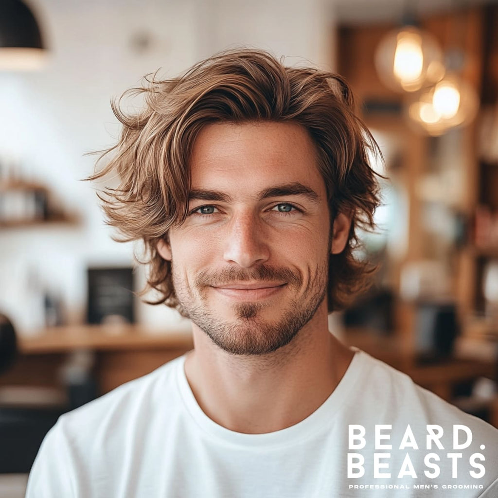 Portrait of a stylish young man with a layered textured cut. His medium-length hair features soft, flowing layers that create natural movement and volume, framing his face effortlessly. The relaxed hairstyle is paired with a light beard and a casual white T-shirt, set in a warmly lit barbershop environment for a modern yet approachable vibe.