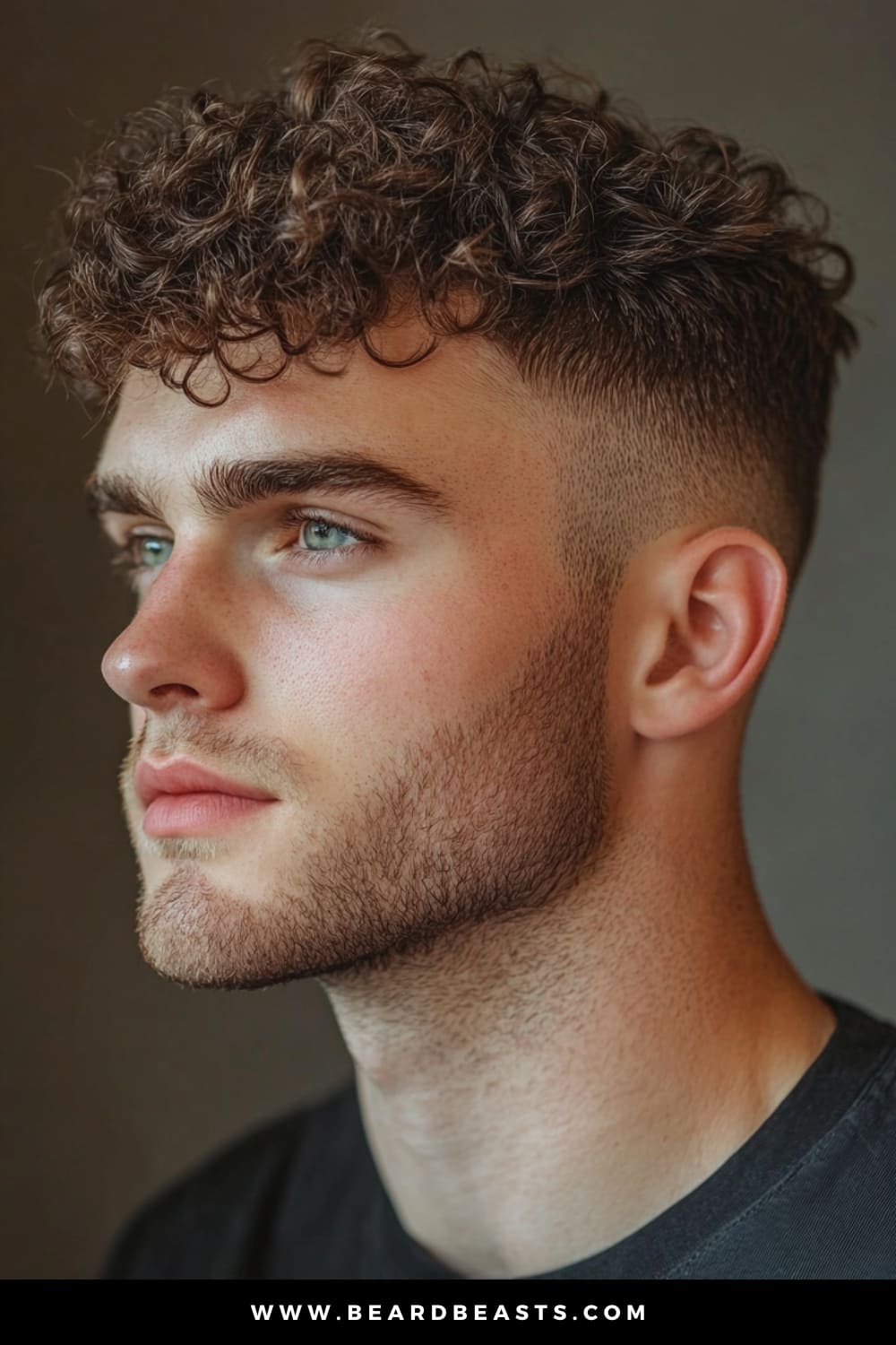 Profile view of a young man showcasing an Undercut with Curly Top, a stylish choice in the realm of men's short on sides, long on top haircuts. The hairstyle features naturally curly hair on top, creating a voluminous, textured look, while the sides are closely shaved for a sharp, contrasting finish.