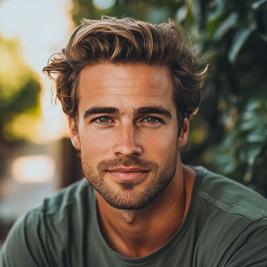 Man with a wavy brush-back hairstyle, featuring medium-length hair styled back with natural waves that add volume and movement. The hairstyle frames the face without covering the forehead, creating a balanced, casual look. This style gives an effortlessly cool vibe with a touch of sophistication, perfect for a relaxed outdoor setting.